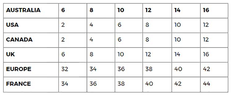 Heaven International Size Chart