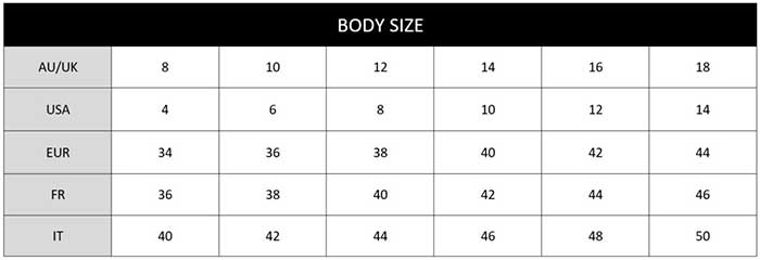 Jets Body Sizechart